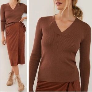 Anthropologie Maeve Thea Brown Metallic Bronze V neck Ribbed Pullover Sweater XS